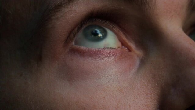 Close-up of young adult male looking around. Human facial features