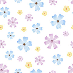 Blue, purple and yellow wildflowers. Simple cute flowers. Watercolor seamless pattern. Cute print for fabric, scrapbooking, wrapping paper, design of card
