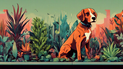 Ein Beagle sitzt zwischen vielen Pflanzen. Wasserfarben Gemälde - obrazy, fototapety, plakaty