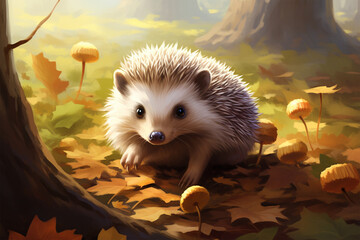 illustration of a painting of a hedgehog in nature
