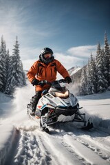 Fototapeta na wymiar A man wearing a insulated winter jacket and trousers rides a snowmobile leaving footprints in nature against the backdrop of high mountains with snow at sunset.