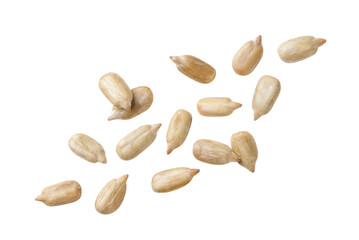 Sunflower seed kernels fly on a white background. Isolated - 677624258