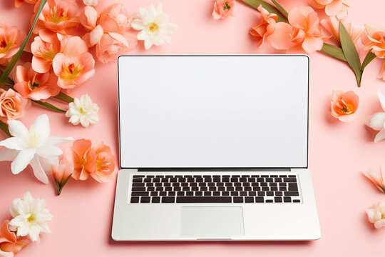 Laptop on a spring coral background with bright flowers. Empty space on screen for product placement or promotional text.