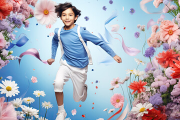 The child with backpack runs on a blue floral background. Empty space for product placement or promotional text.