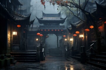 Ancient Chinese architecture in the foggy city of Xian, China - obrazy, fototapety, plakaty
