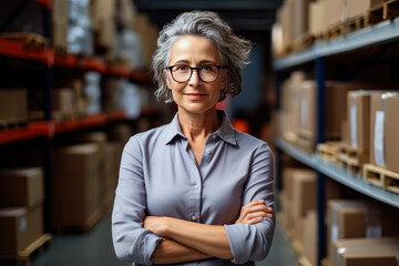 Obraz premium American confident happy Elderly woman retail seller, entrepreneur, clothing store small business owner, supervisor looking at camera standing arms crossed in delivery shipping warehouse