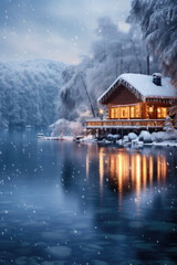 House by the lake, beautiful winter atmosphere, Christmas holidays