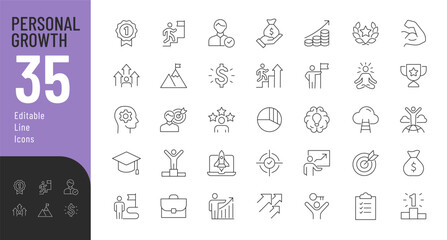 Personal Growth Line Editable Icons set. Vector illustration in thin line modern style of success related icons: personal data protection, career development, education, material profit, and more. - obrazy, fototapety, plakaty