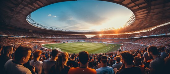 A crowded football stadium during a match. - obrazy, fototapety, plakaty