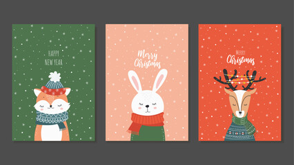Children's Christmas Illustrations With Forest Animals. Greeting Cards with Cute Sleeping Squirrel, Bunny and Reindeer. Vector