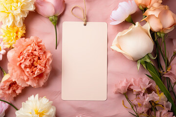 Peach colored blank tag or label on a pink background with roses and carnations. Free space for advertising text.