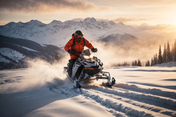 A man wearing a jacket, a protective helmet and glasses on a snowmobile in winter in the forest at sunset.