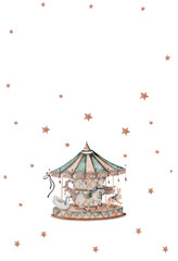 Watercolor vintage carousel with animals. Merry go round vintage image on a postcard for the holidays. Beautiful attraction with a rabbit horse and a swan. postcard template. © Татьяна Трущелева