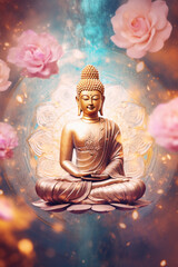 Golden budha statue on soft pastel background