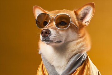 Portrait of a beautiful shiba inu dog in sunglasses on a yellow background