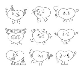 Funny cartoon heart in different poses. Coloring Page. Kawaii characters. Happy valentines day concept. Hand drawn style. Vector drawing. Collection of design elements.