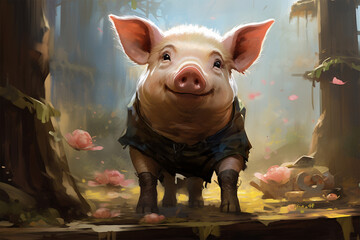 illustration of a painting of a pig in nature