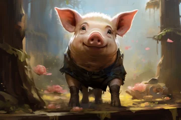 Fotobehang illustration of a painting of a pig in nature © Yoshimura
