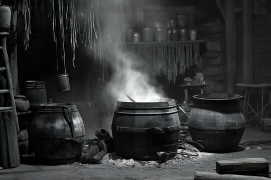 Black and white image of a cauldron with boiling water in a pot