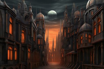 Fantasy landscape with haunted castle and full moon