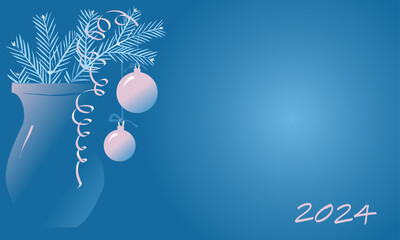 Vector illustration of New Year's background with decorated fir branches standing in vase.