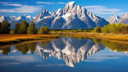 a mountain range is reflected in the still water of a lake in the foreground, with trees and grass in the foreground, and a blue sky with clouds in the background.  generative ai