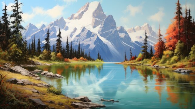  a painting of a mountain landscape with a lake in the foreground and pine trees on the far side of the lake, with a blue sky and white mountain in the background.  generative ai