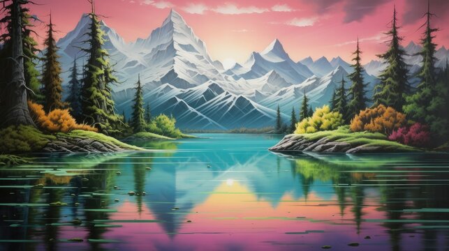 a painting of a mountain lake with pine trees in the foreground and a mountain range in the background, with a pink sky and blue lake in the foreground.  generative ai