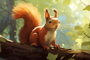 illustration of a painting of a squirrel in nature - obrazy, fototapety, plakaty