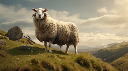  a sheep standing on top of a grass covered hill next to a rock and grass covered hillside with a large rock in the foreground and a cloudy sky in the background.  generative ai
