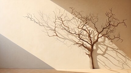  a tree casting a shadow on a wall with a vase in the foreground and a shadow of a tree on the wall on the other side of the wall.  generative ai