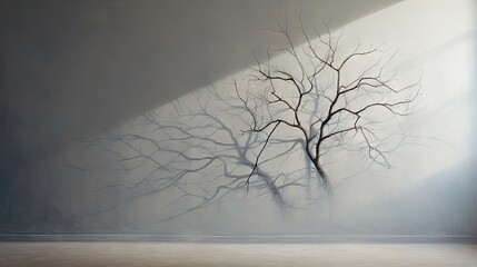  a painting of a tree with no leaves in a room with a light coming through the window and a wall with a painting of a tree without leaves on it.  generative ai