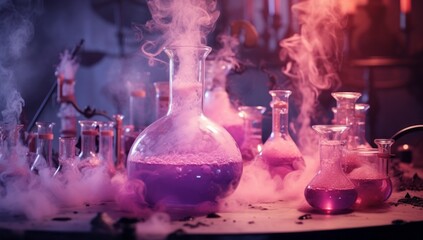 A Collection of Colorful Flasks Filled With Vibrant, Bubblegum Pink Liquid. Chemistry Lab Setup: Table Filled With Colourful Flasks Containing Various Liquids. A Table of Science: Flasks Filled With C