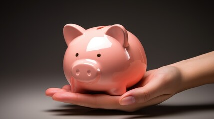 Woman hand holds a piggy bank on isolated grey background