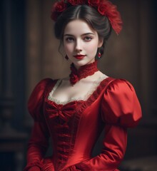 Portrait of a beautiful young woman in red dress,  Vintage style