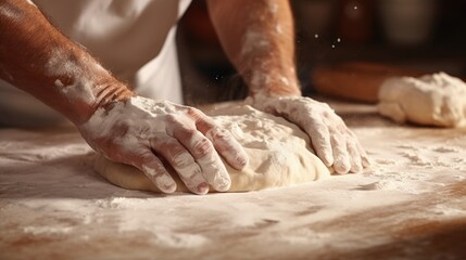 Fototapeta premium Closeup person hands kneading dough on table