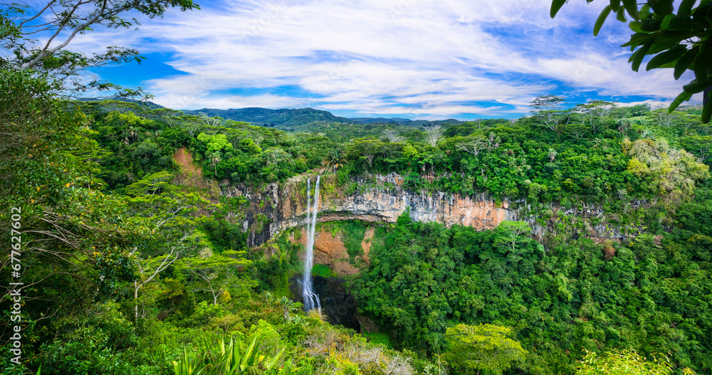 Sticker stunning exotic nature of tropical paradise of mauritius island - chamarel waterfall - popular touis