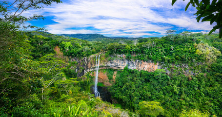 Fototapeta premium stunning exotic nature of tropical paradise of Mauritius island - Chamarel waterfall - popular touist atraction and beauty of nature