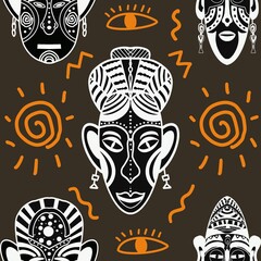 African mask seamless pattern Seamless pattern.A seamless pattern of African masks and spirals on a brown background. This pattern can be used for a variety of purposes, such as wallpaper, fabric.