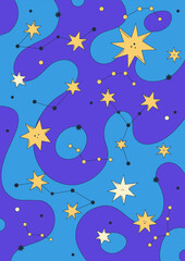 Fototapeta na wymiar Poster design. Vibrant vector illustration with abstract constellation, stars, and psychedelic blue background. Groovy starry sky. Cartoon space. Playful, surreal, and colorful style. Notebook cover