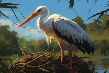 illustration of a painting of a stork in nature - obrazy, fototapety, plakaty