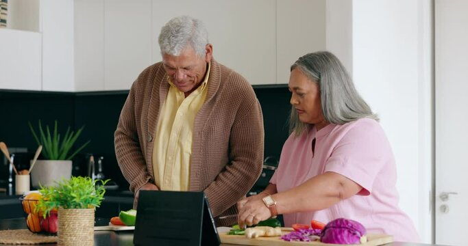 Healthy, cooking and senior couple with tablet in kitchen for online recipe, guide or learning from video. Diet, food or old people reading nutrition app, blog or meal prep with plan for vegetables