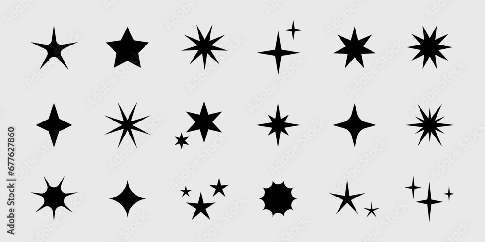 Wall mural vector retro set of futuristic sparkle star icons. y2k abstract signs. collection of star shapes. ab