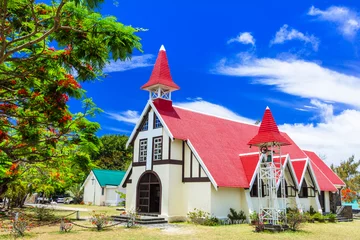 Poster Scenery and landmarks of beautiful Mauritius island - Red church on the beach, Cap malheureux. © Freesurf