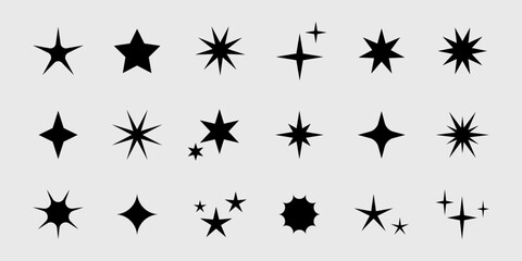 Vector retro set of futuristic sparkle star icons. Y2k abstract signs. Collection of star shapes. Abstract cool shine 70s 80s 90s design elements.