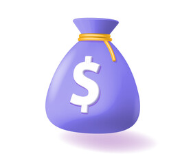 Money bag 3d dollar icon vector graphic, moneybag cash sack purple render cartoon illustration image clipart isolated, currency asset three dimensional symbol