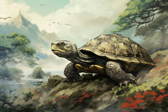 illustration of a painting of a turtle in nature