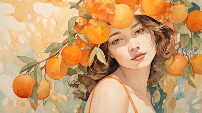  a painting of a woman with a bunch of oranges on her head and a painting of a woman's face with leaves and oranges on her head.  generative ai