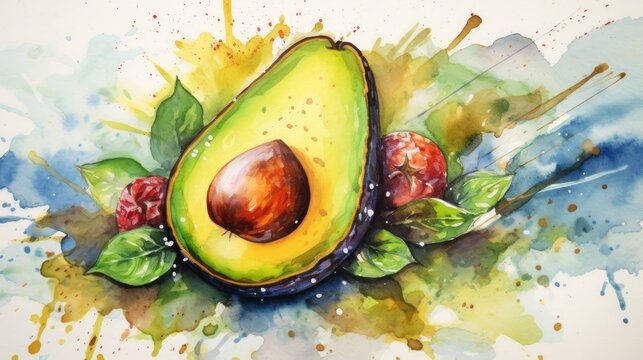  a watercolor painting of an avocado with leaves and berries on a blue and green splattered background with a splash of watercolor paint on it.  generative ai