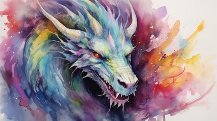  a watercolor painting of a dragon's head with multicolored paint splatters on it's body and head